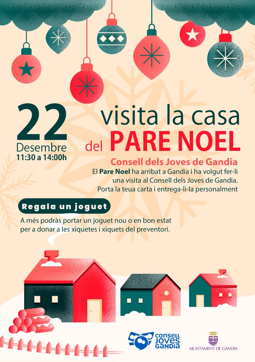 👏🏻🎄 Arriba Nadal al Consell dels Joves de Gandia i volem celebrar-ho amb vosaltres.

Este diumenge, de 11.30 a 14.00 hores, el Pare Noel t'espera perquè li entregues la teua carta personalment 🎅🏻.

A més, serem punt de recollida per a donar joguets per al preventori de Gandia.