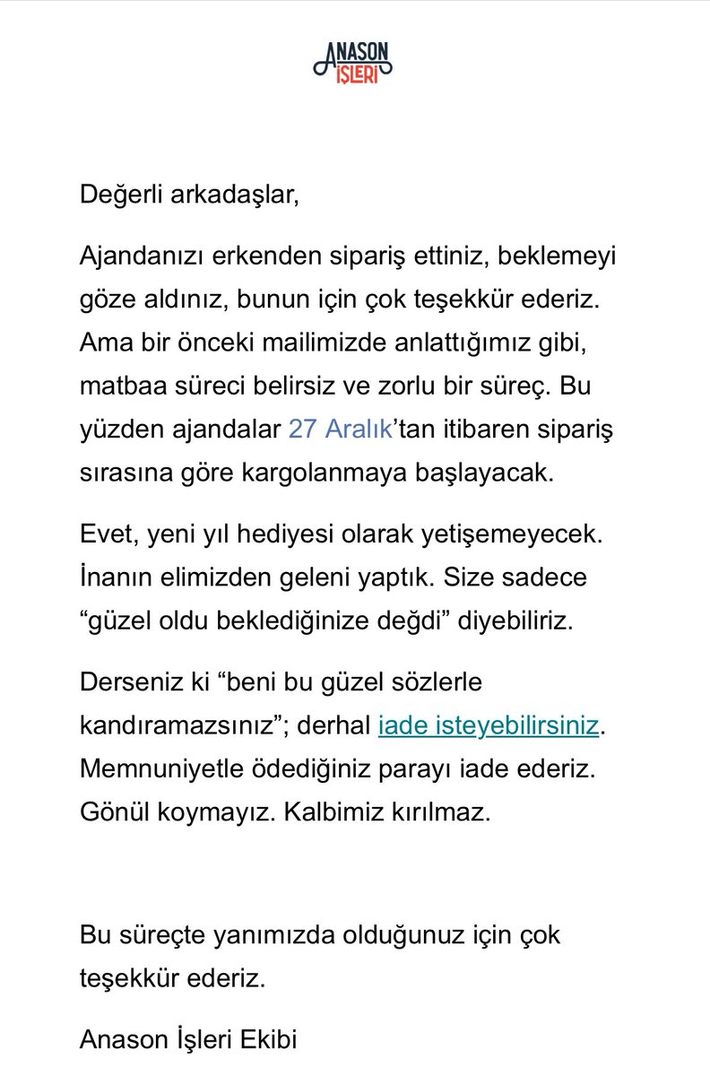 Once urunlerde sonra iletisim dilinde ve musteri memnuniyetinde <a href="/anasonisleri/">Anason İşleri</a> gibi bir marka ornek alinsa herkes yaptigi alisveristen daha mutlu ayrilirdi. Beklettigin icin tesekkurler! Canin sagolsun :)