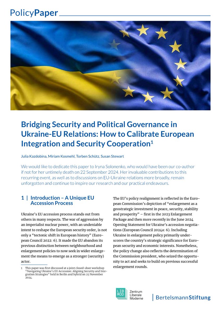 Ukraine’s EU accession is unique: A journey of resilience amidst war. But neither the standard enlargement approach nor Eastern Partnership is sufficient. New instruments are needed to bridge security &amp; governance. Read more in this new policy paper:

bertelsmann-stiftung.de/en/publication…