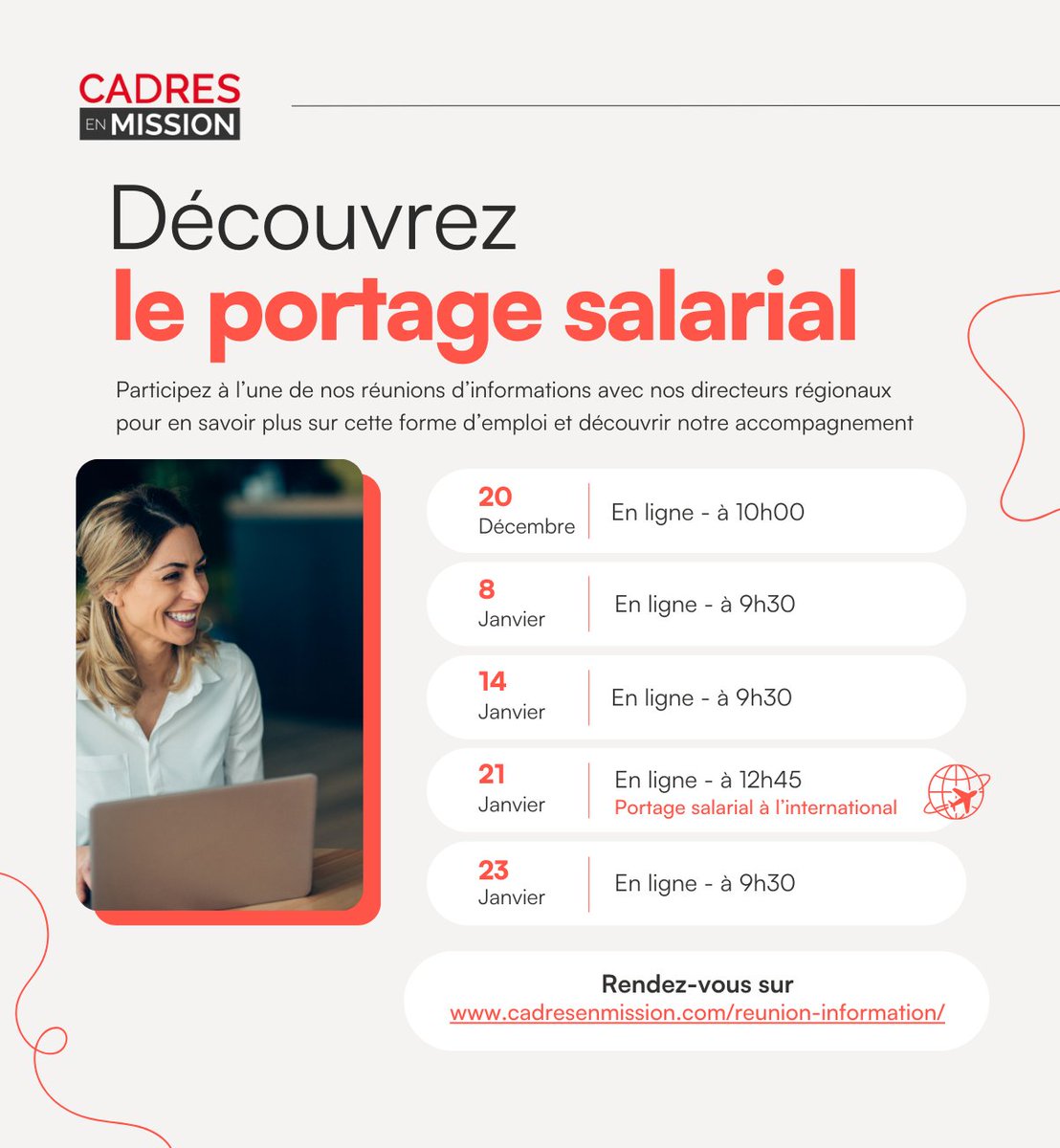 Participez à l'une de nos prochaines réunions d'information sur le portage salarial
🎧 20/12
🎧 8/01
🎧 14/01
🎧 23/01
🌎 21/01 dédié au portage salarial à l’international ➡️ Pour réserver votre place, sélectionnez “International” dans la liste des lieux
cadresenmission.com/reunion-inform…
