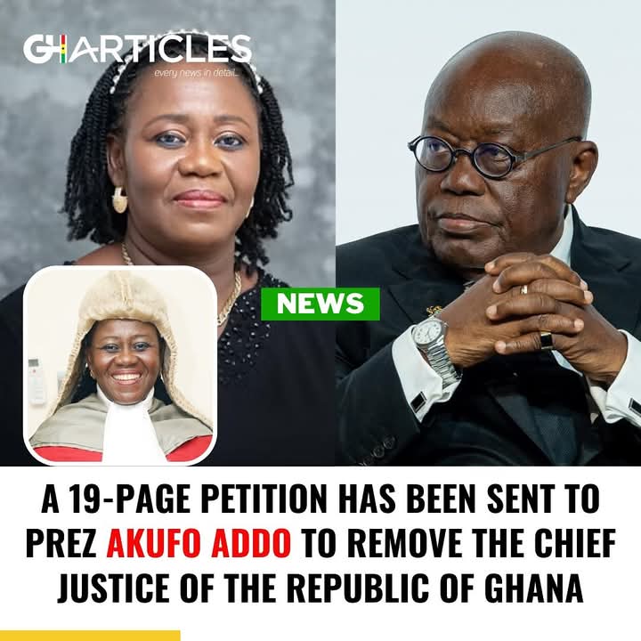 bigishew's tweet image. A 19-page petition has been sent to President Akufo-Addo, calling for the removal of Ghana’s Chief Justice, Gertrude Torkonoo, on grounds of alleged misconduct and incompetence. 
___
#gharticles #ghanapolitics #akufoaddo #johnmahama
