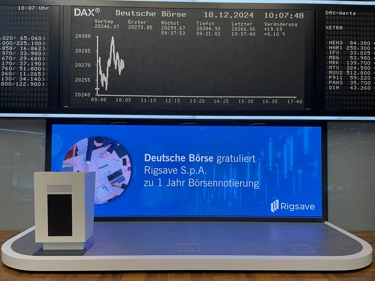 Herzlichen Glückwunsch, Rigsave S.p.A.! Wir gratulieren zu einem Jahr Börsennotierung. 🎉
 
#ListedinFrankfurt