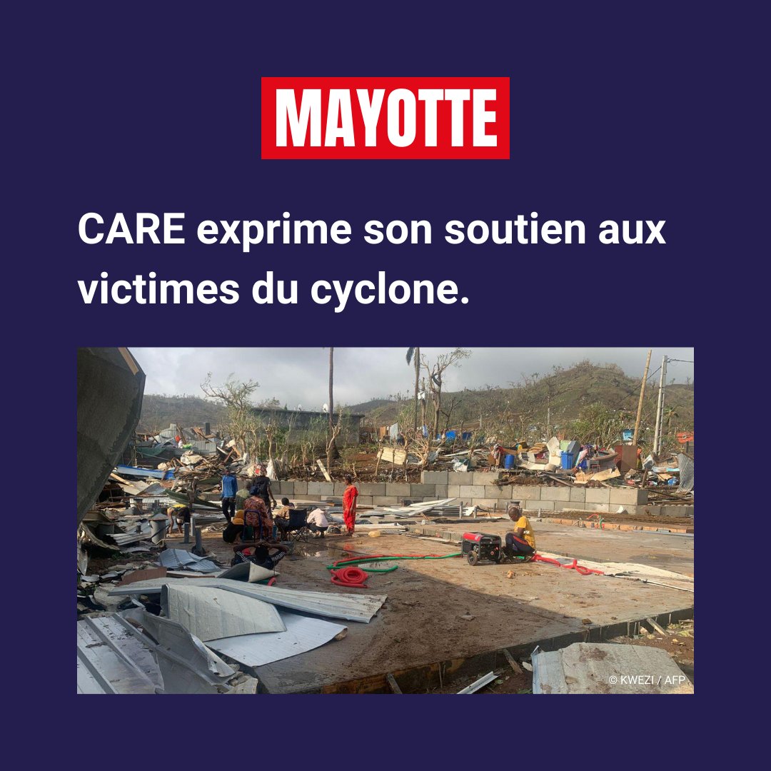 CAREfrance's tweet photo. 🌪️ Avec des vents de +200 km/h, le cyclone #Chido a ravagé #Mayotte : 22 morts, +1400 blessés, des milliers de familles sans abri, un accès à l’eau potable gravement touché et des risques d’épidémies. CARE exprime son soutien aux victimes face à cette catastrophe. https://t.co/h5vNcHEHoA