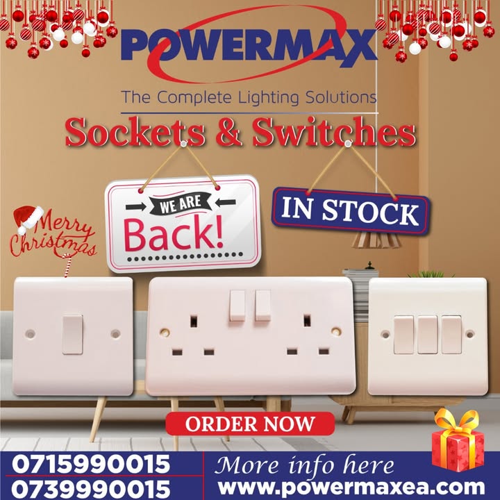 Your Most beloved Switches and Sockets are in stock.
Visit us today and get yourself quality sockets and switches.
Call: 0739990014/ 0715990014.