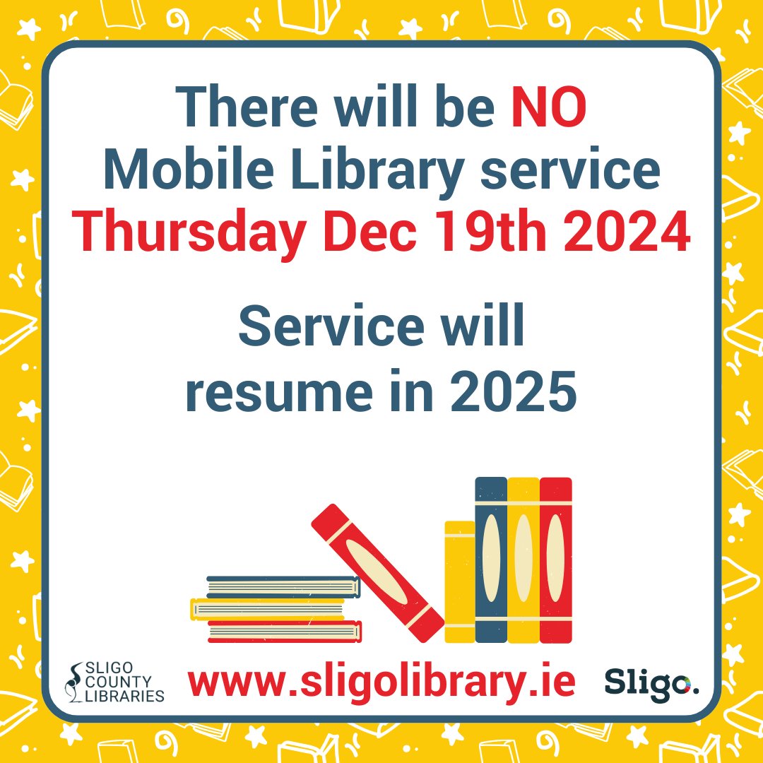 ❗Mobile Library Notice❗

There will be NO Mobile Library service on Thursday December 19th 2024.  Mobile Library service will resume in 2025.

We wish everyone a Merry Christmas and Happy New Year.

#sligo #sligowhoknew #sligolibrary #sligomobilelibrary