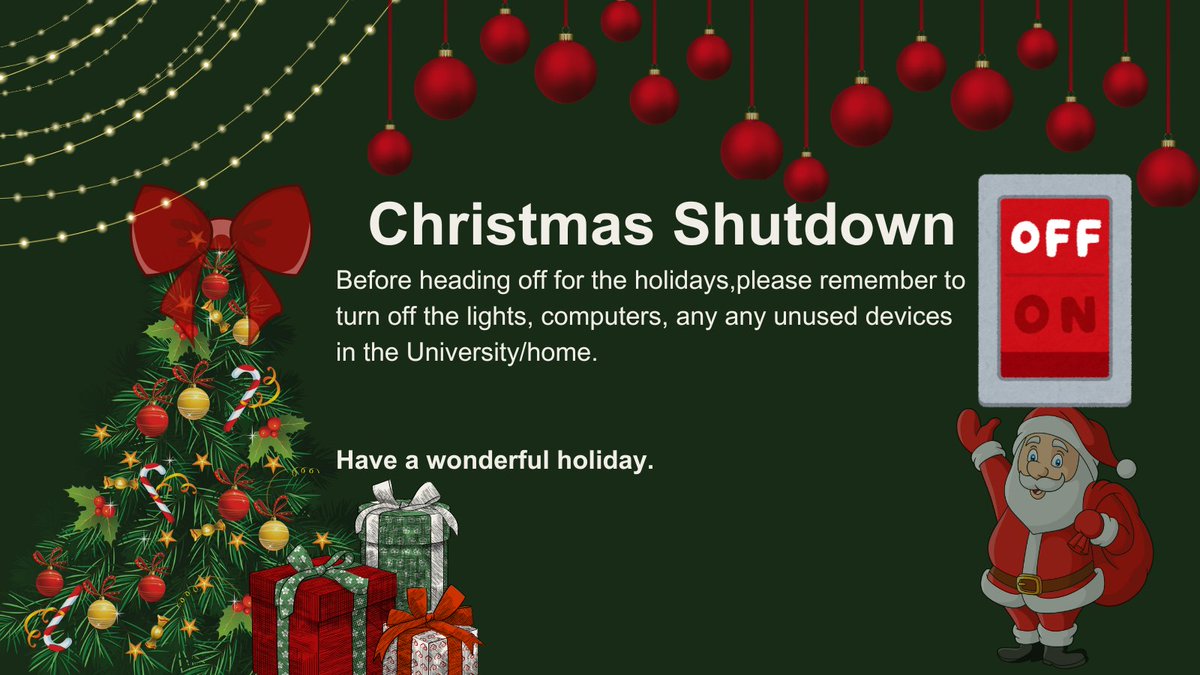 Step 1: Switch off
Step 2: Enjoy your holiday!

 #UniversityOfReading #EcoFriendly #EnergyConservation #SustainableLiving