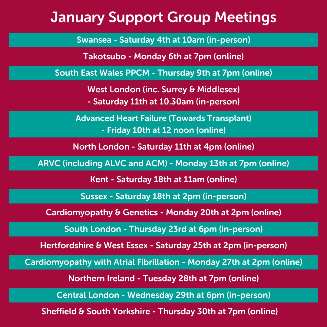 Cardiomyopathy UK (@cardiomyopathy) on Twitter photo ❤January Support Group Meetings💚
🌐cardiomyopathy.org/support-groups
📩services@cardiomyopathy.org
(PLUS Coffee & Catch Up Fridays at 2pm!)☕️💌
#cardiomyopathy ❤January Support Group Meetings💚
🌐cardiomyopathy.org/support-groups
📩services@cardiomyopathy.org
(PLUS Coffee & Catch Up Fridays at 2pm!)☕️💌
#cardiomyopathy