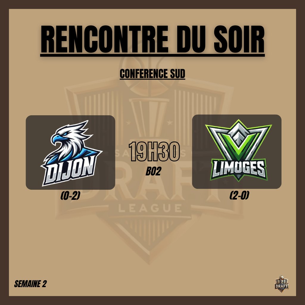 Rendez-vous ce soir 19h15 🕑
<a href="/DijonEaglesSDL/">DIJON EAGLES SDL</a> 🆚 <a href="/LimogesSDL/">Limoges SDL</a> 
Une très belle opposition en perspective, c'est la guerre dans la conférence SUD ⚔️
♻️&amp;❤️