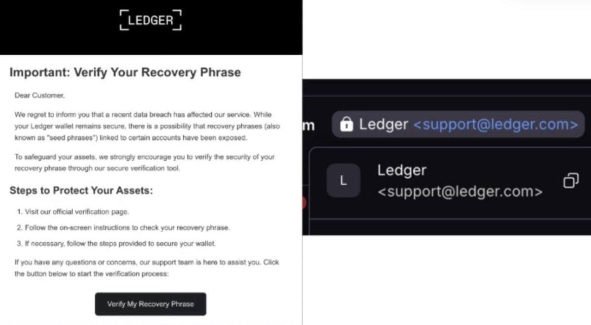 crypto_detente's tweet photo. ⚠️ ALERTE PHISHING : Des hackers envoient de faux emails d'assistance de Ledger, prétendant une faille pour voler vos seed phrases.  

Ces emails imitent le domaine de Ledger et redirigent vers de faux sites.  

📌 @Ledger ne vous demandera JAMAIS votre seed phrase.
📌 Ne partagez JAMAIS votre seed phrase.  

Restez vigilant, protégez vos cryptos 🙏