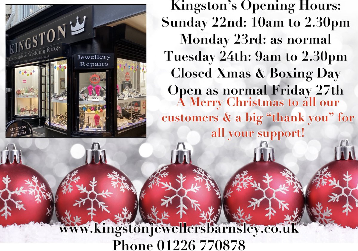 For all your last minute Christmas gifts at Kingston Jewellers Barnsley our opening hours are…..(gift wrapping free 🎁) 
kingstonjewellersbarnsley.co.uk #christmasgifts #jewellery #shoplocal #barnsleyisbrill