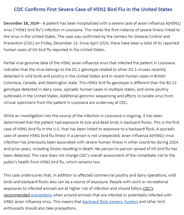 WBC24News's tweet photo. UPDATE: CDC confirms first severe case of H5N1 bird flu in the U.S.

The patient in Louisiana has been hospitalized with serious illness. Linked to sick birds. https://t.co/8WtoAT93ck