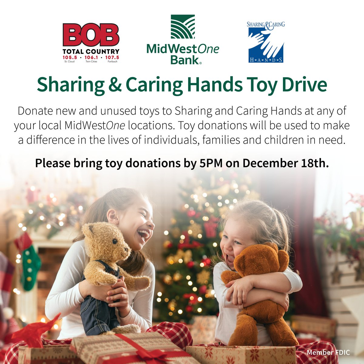 MidWestOne Bank (@midwestone) on Twitter photo Last day to contribute a new, unwrapped toy or teen gift to the Sharing and Caring Hands Toy Drive. Drop gifts off at any of our Minneapolis area bank locations today. Thanks to <a href="/MyBOBCountry/">Total Country BOB FM</a> for partnering with us to make this an extra special holiday for area kids in need. Last day to contribute a new, unwrapped toy or teen gift to the Sharing and Caring Hands Toy Drive. Drop gifts off at any of our Minneapolis area bank locations today. Thanks to <a href="/MyBOBCountry/">Total Country BOB FM</a> for partnering with us to make this an extra special holiday for area kids in need.