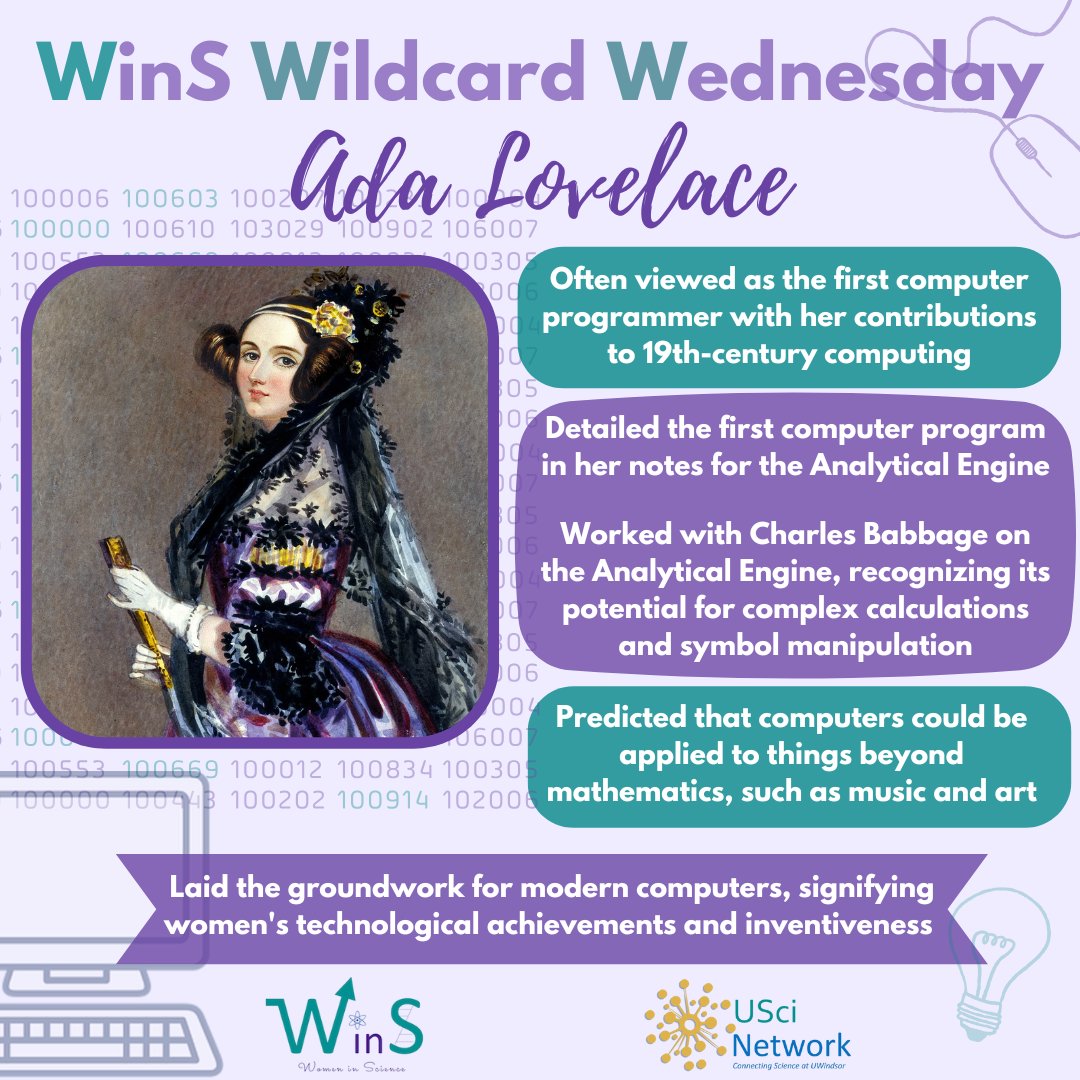 uwin__wins's tweet image. Our final Wildcard of the semester! Learn about Ada Lovelace - considered to be the first computer programmer 馃挏