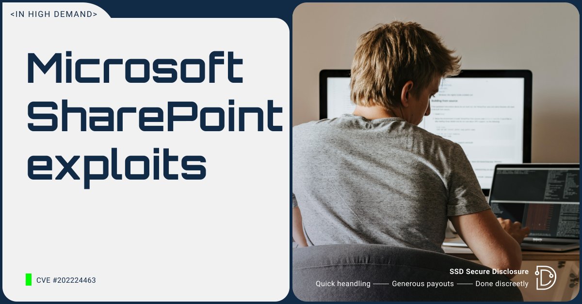 Microsoft SharePoint vulnerabilities are now in high demand with over $100K in payouts!

Submit your findings today at ssd-disclosure.com/sharepoint-vul… and get the BIG payouts you deserve 💰