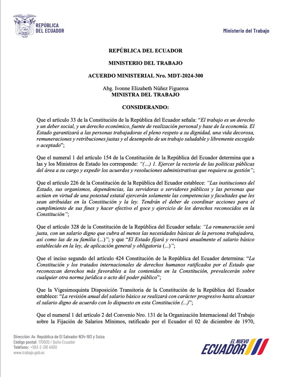 MUNOZROMANNYCIA's tweet photo. ECUADOR FIJA SALARIO BÁSICO UNIFICADO DEL TRABAJADOR EN GENERAL PARA EL AÑO 2025

El Ministerio del Trabajo mediante Acuerdo Ministerial Nro. MDT-2024-300, fijó el SBU del Trabajador en general, que estará vigente en el año 2025, en US$ 470,00 mensuales.

#Laboral  #asesoríalegal https://t.co/8he9SHUhjX