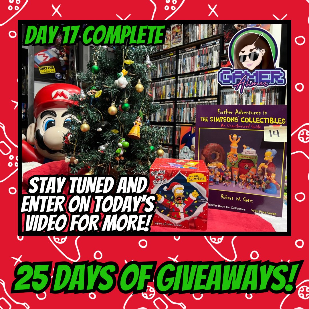 GamerAhmer's tweet photo. Day 17 has completed! Stay tuned for today’s short and be sure to comment for a chance to win! #videogames #games #gamerahmer #christmas #25daysofchristmas #25daysofgiveaways #giveaway #simpsons #thesimpsons #retrogaming #nintendo #happyholidays https://t.co/0HjVpDojAm
