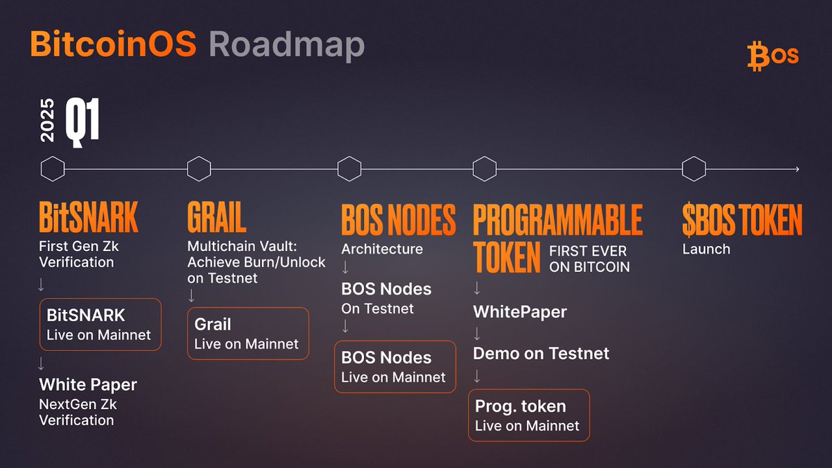 BTC_OS's tweet image. What’s Next? The Roadmap 📈

Q1 2025:

📃 BitSNARK audit &amp;amp; NextGen zk research whitepaper.
🔄 Grail multichain vault goes mainnet.
🌎 Programmable token standard whitepaper.
🥳 BOS token launch.