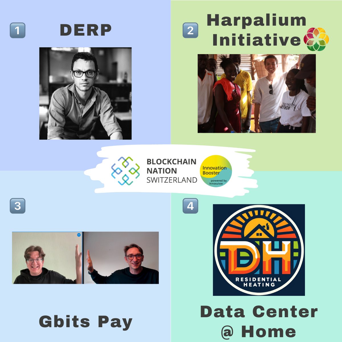 ch_bns's tweet photo. 💡 Introducing the teams from our 2nd Pitch Day!

1⃣DERP by Francesco Coldesina
2⃣Harpalium Initiative by Nasim Yahiaoui
3⃣Gbits Pay by Roman Bischoff
4⃣Data Center @ Home by Dorian Schlaefli

Read more: https://t.co/0t5UfTY3Tb

#swissinnovationbooster is powered by @Innosuisse https://t.co/xhMoQqxDwT