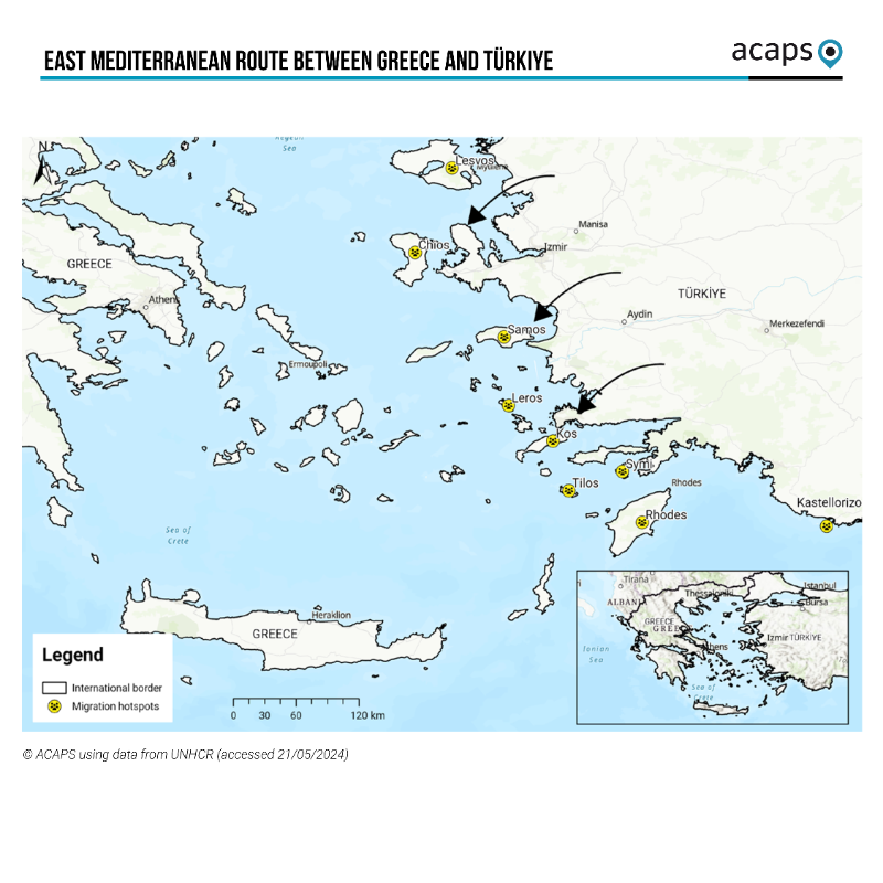 ACAPSproject's tweet photo. #MigrantsDay: the eastern Mediterranean route

By May 2024, +1.3M refugees &amp; migrants had arrived in #Greece since 2014. After facing significant protection risks while on the move, most of them required humanitarian aid upon arrival.

📑Analysis on the needs &amp; challenges.