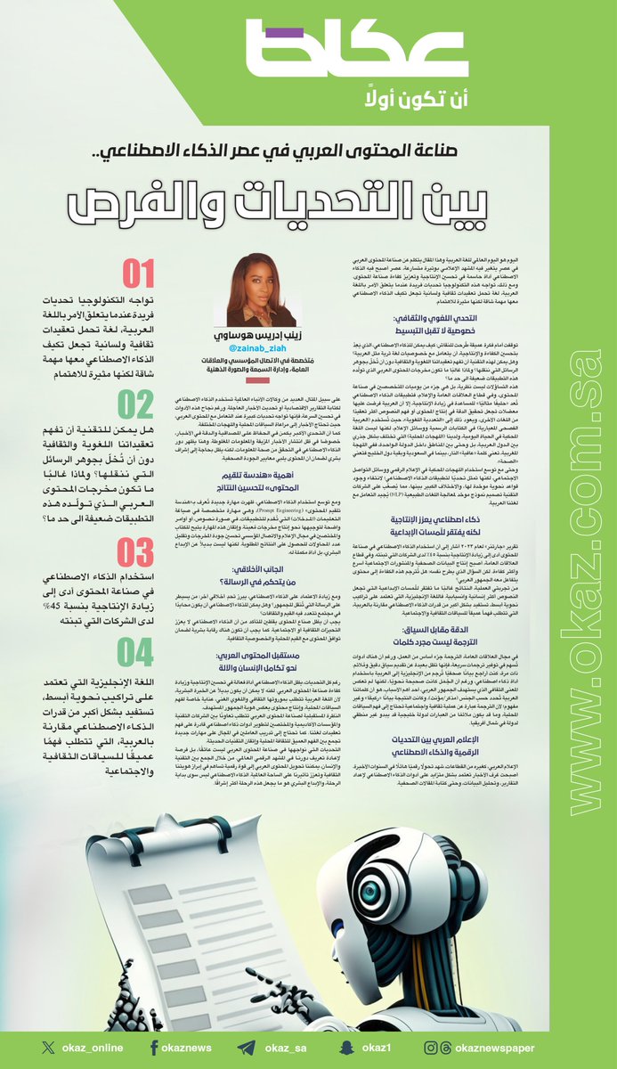 OKAZ__Opinion's tweet photo. زينب هوساوي @zainab_ziah  تكتب: صناعة المحتوى العربي في عصر #الذكاء_الاصطناعي.. بين التحديات والفرص

#عكاظ
#مقالات_عكاظ
https://t.co/xme9EaeEPb https://t.co/vEQYItgi4h