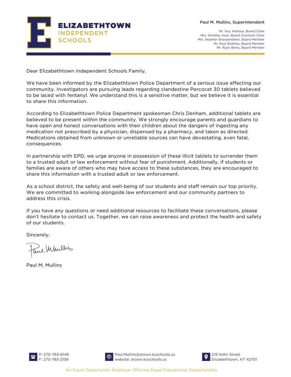 EtownKySchools's tweet photo. Important message from Elizabethtown Independent Schools Superintendent Paul M. Mullins https://t.co/KRPnZ18fu9