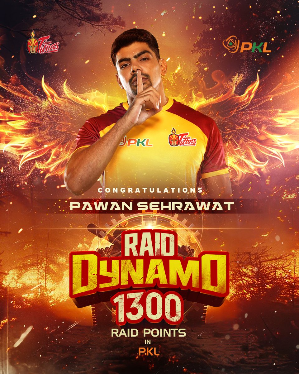 Telugu_Titans's tweet photo. Congratulations to Hi-Flyer and Captain @pawan_sehrawat, who has returned to form and made history by becoming the 3rd player to reach 1๏ธโฃ3๏ธโฃ0๏ธโฃ0๏ธโฃ+ ๐๐๐ข๐ ๐๐จ๐ข๐ง๐ญ๐ฌ in PKL history!
#PawanSehrawat #1300RaidPoints #MileStone #Hiflyer #Raider #TeluguTitans #TitansArmy #Kabaddi #Prokabaddi #PKL11 #BattleOfBreath #LetsKabaddi #TeluguTitansTeam