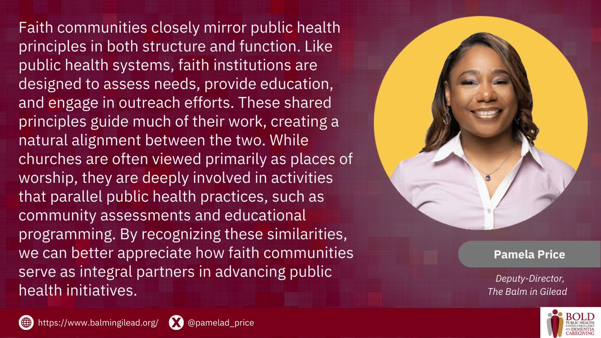 BOLD Center of Excellence on Dementia Caregiving (@phcoe_dc) on Twitter photo Faith communities go beyond worship—they're key public health partners, promoting connection, education, & support.
@pamelad_price with <a href="/thebalmingilead/">The Balm In Gilead</a> shares insights in our 2022 Public Health & Faith series 👇
#DementiaCaregivingAcrossFaiths Faith communities go beyond worship—they're key public health partners, promoting connection, education, & support.
@pamelad_price with <a href="/thebalmingilead/">The Balm In Gilead</a> shares insights in our 2022 Public Health & Faith series 👇
#DementiaCaregivingAcrossFaiths