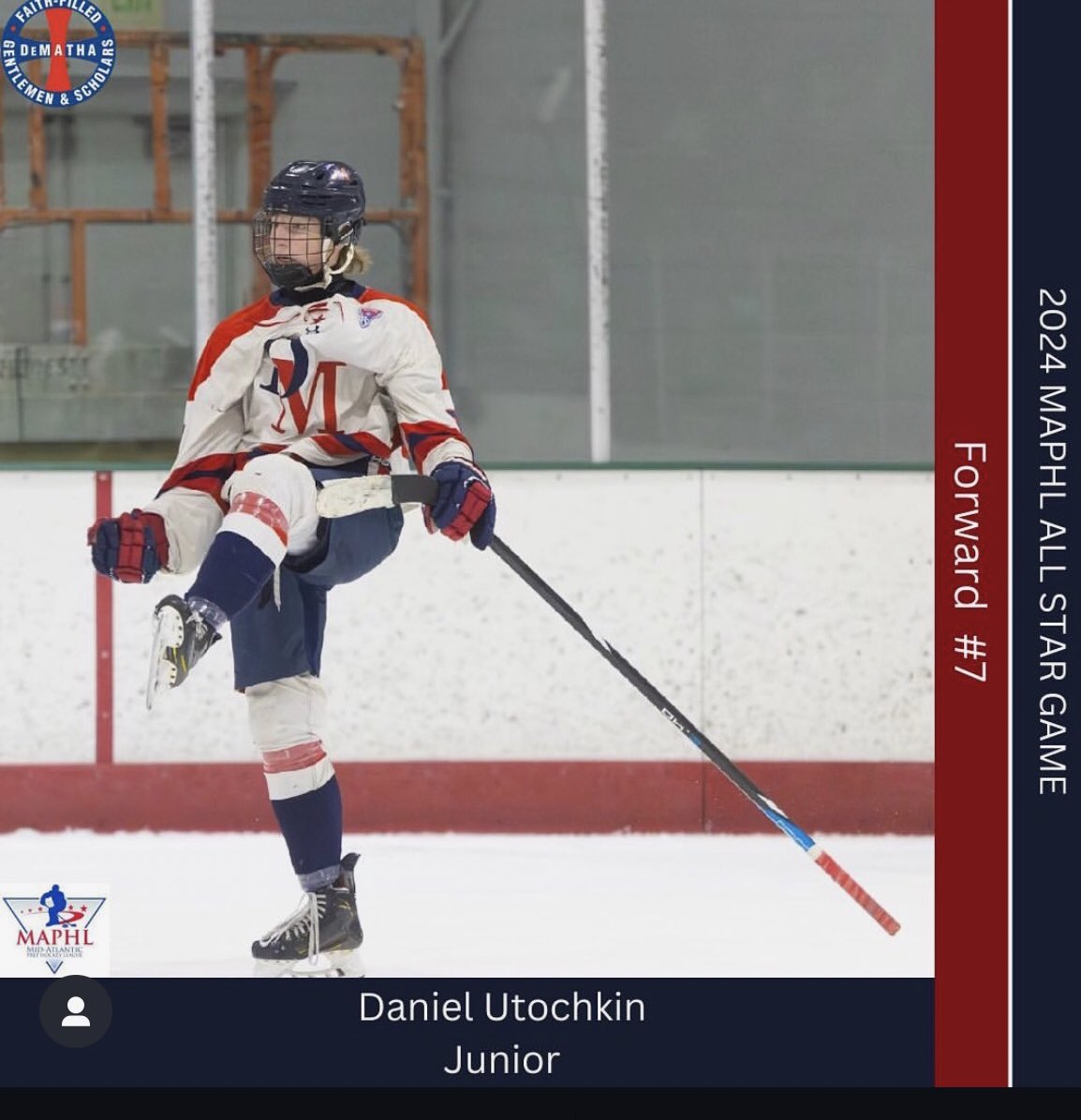 Congratulations to Junior Daniel Utochkin on being selected to represent DeMatha in the MAPHL All Star Game!
Come cheer on our Stag Selections on Thursday at 5:20 PM at the Gardens Ice House!