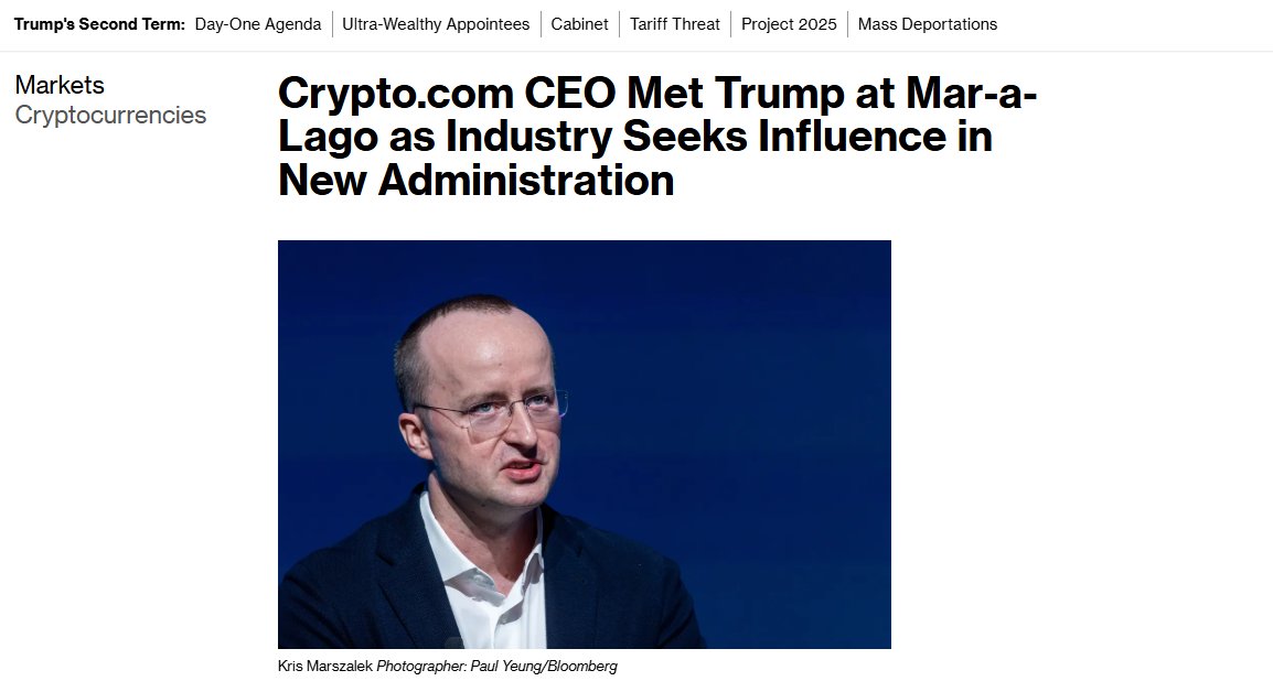 BitcoinNewsCom's tweet photo. NEW: Crypto .com CEO Kris Marszalek is meeting with 
🇺🇸 President-elect Donald Trump to discuss digital assets and a potential Bitcoin reserve, according to Bloomberg. https://t.co/9NgGvd5rh0