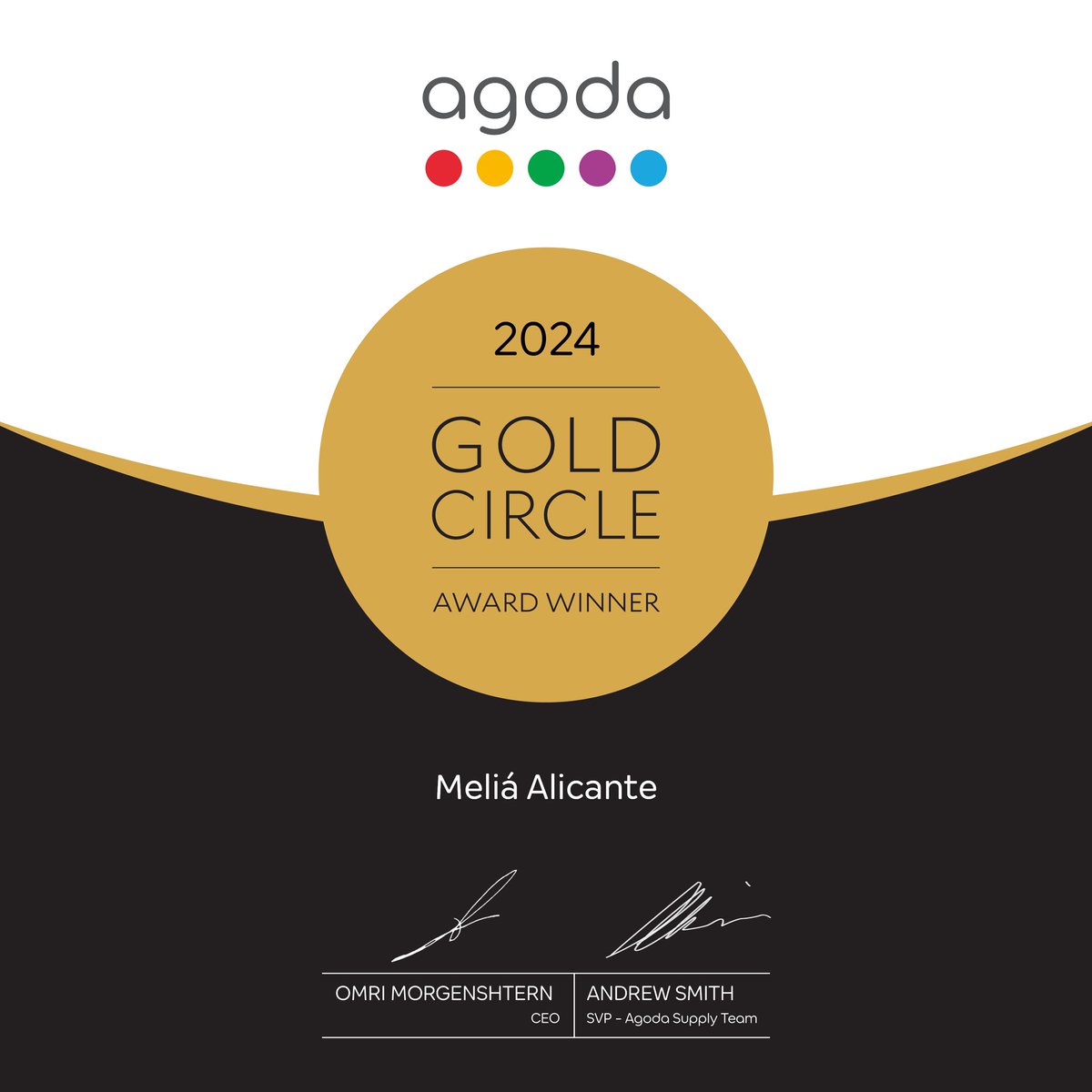 Estamos encantados tras recibir el #AgodaGoldCircleAward que nos otorga <a href="/agoda/">agoda</a> como reconocimiento a:
✅ Prestar un servicio superior
✅ Ofrecer tarifas competitivas
✅ Garantizar una disponibilidad ágil
✌️Gracias por reconocer nuestro labor👏
#MeliáAlicante #SoulMatters