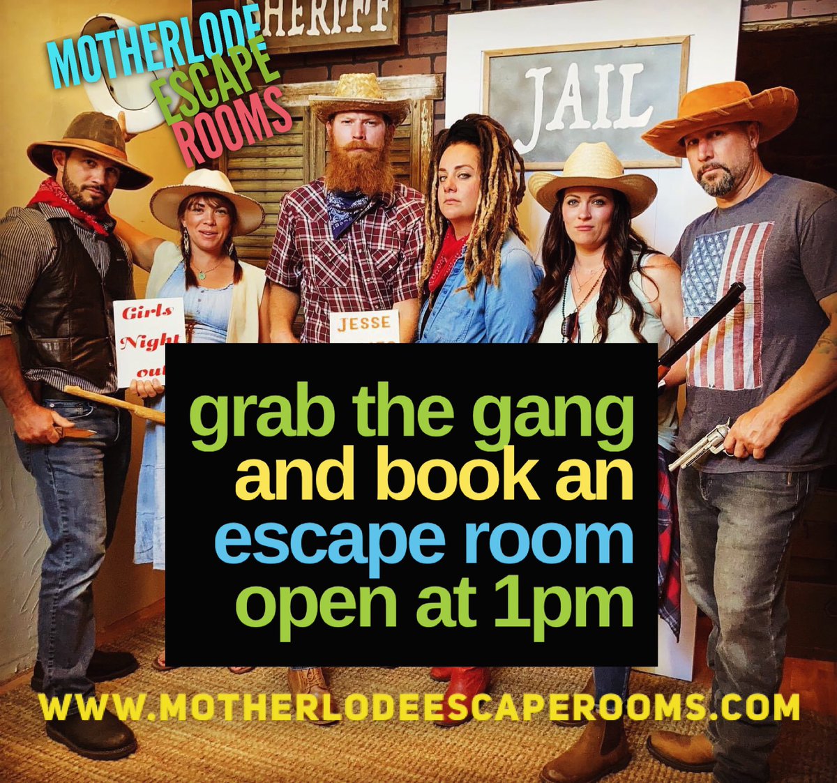 motherlodescape's tweet image. 🌟 Saddle up, folks! 🌟

Motherlode Escape Rooms is OPEN today at 1 PM! Round up your gang &amp;amp; get ready for a rootin’ tootin’ good time 🐴🕵️‍♀️⏳ Can you escape in 60 minutes or less?

🔒 Book now motherlodeescaperooms.com

#EscapeTheOrdinary #RootinTootinFun #TeamworkTime