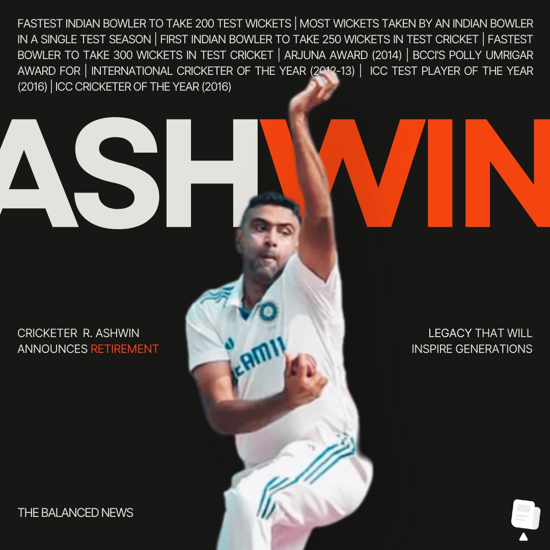 balancednews24's tweet photo. Ravichandran Ashwin retires: The end of an era in cricket 🏏. From record-breaking feats to masterful strategies, his legacy as a true Indian cricket legend will endure. Thank you for the memories, Ashwin! #RavichandranAshwin #cricket #AshwinRetires https://t.co/HJxpkvVt7O
