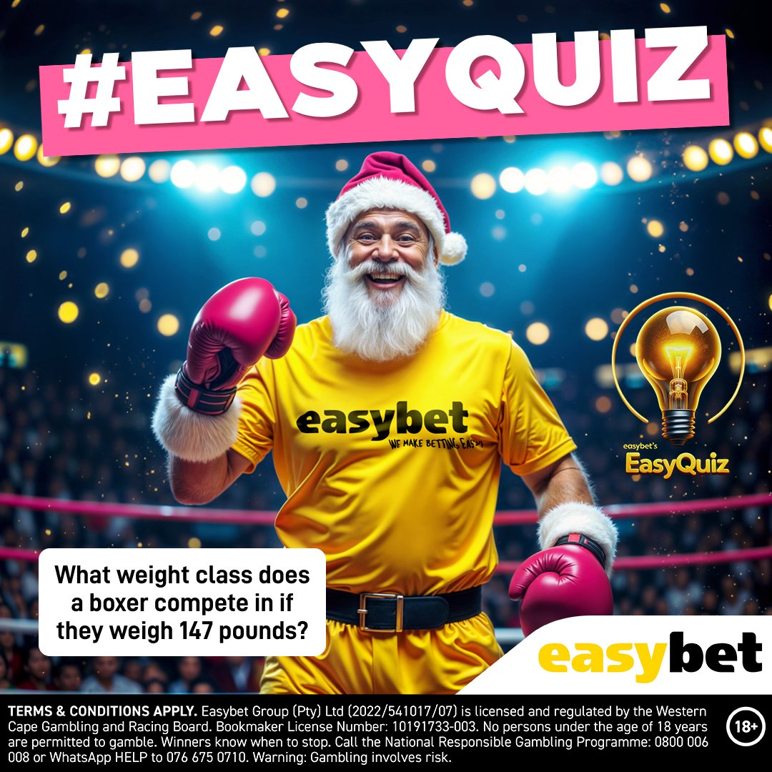Easybet_SA's tweet image. 🎅 Santa’s Boxing Challenge! 🥊

If a boxer weighs 147 pounds, what weight class do they fight in? 🥇🤔

Comment your answer below for a chance to win! 🎁✨ (Don’t forget to follow us to qualify!)

💥 Want to bet on boxing? Place your bets here: bit.ly/eb-boxing

#EasyQuiz…