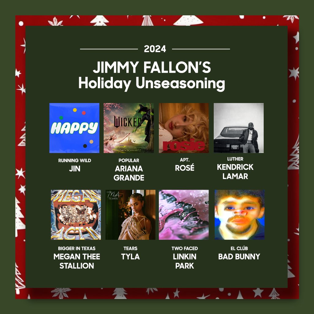 I’m feeling all the holiday love thanks to your amazing support of #HolidaySeasoning. Thank you everyone for streaming and supporting my album: jimmyfallon.lnk.to/holidayseasoni…

Here are a few other songs I’ve been jamming to this season. #Jin <a href="/bts_bighit/">BTS_official</a> #BTS #ARMY #ArianaGrande