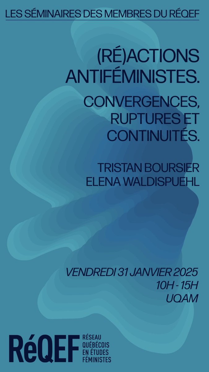 Venez au prochain séminaire du <a href="/reqef_/">RéQEF</a> le 31 janvier à l’<a href="/UQAM/">UQAM | Université du Québec à Montréal</a> 🙌 Nous aurons le plaisir de recevoir Mélissa Blais, Francis Dupuis-Déri, <a href="/oceane_corbin/">Océane Corbin</a>, Sophie-Anne Morency, Victor Bardou-Bourgeois, <a href="/CoengaDanielle/">Danielle Coenga</a>, Audrey Pepin et Véronique Pronovost. reqef.uqam.ca/troisieme-semi…