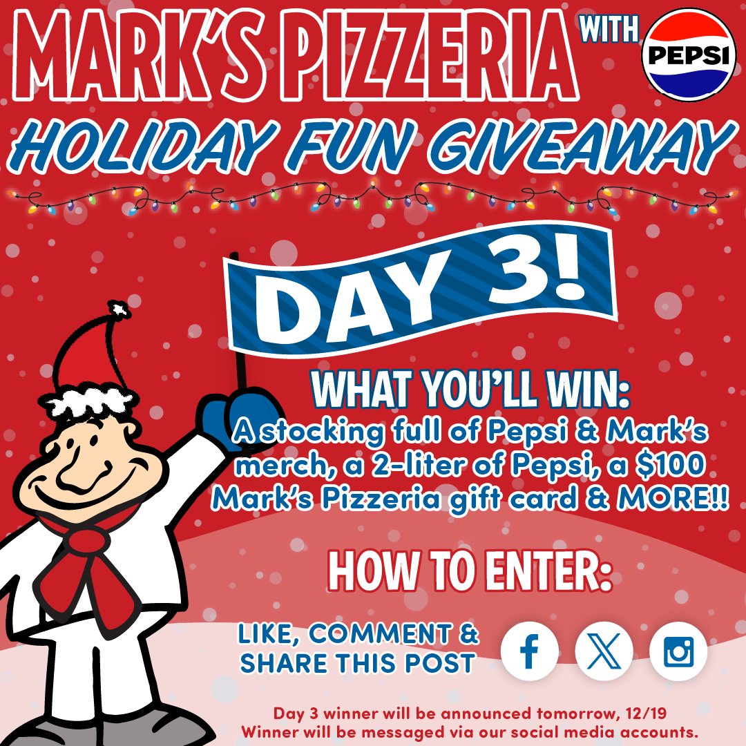 Today is the third day of the Mark's Pizzeria &amp; Pepsi Holiday Fun Giveaway! Entering is easy: just like, comment on, or share THIS post, or the posts on our Facebook and Instagram. Winners chosen daily, today's winner will be picked tomorrow!