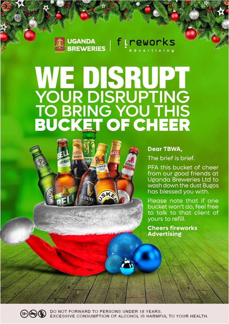 BrainchldBurson's tweet photo. This season, we’re spreading cheer in a bucket! Cheers to our creative friends at @tbwa_uganda from all of us at Fireworks Advertising and Uganda Breweries. Here's to spreading good vibes and great sips this season!

#fireworksadvertising https://t.co/MPIjJ24lAI