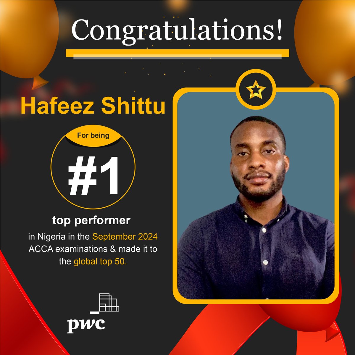 PwC_Nigeria's tweet image. Congratulations to Hafeez Shittu for being  the #1 top performer in Nigeria at the September 2024 Association of Chattered Certified Accountants (ACCA) examinations. Hafeez also made it to the global top 50.

Well done, Hafeez!

#PwCProud #BestAndBrightest #ACCA