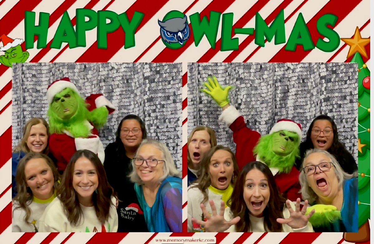 BlazeMeghan's tweet photo. Another great holiday season with this crew! 
'How the Grinch Stole Owlmas' was such a fun theme!!  Merry Everything, Olathe West! 💚❤️ #owlmas2024 https://t.co/Dl4q2gFvBQ
