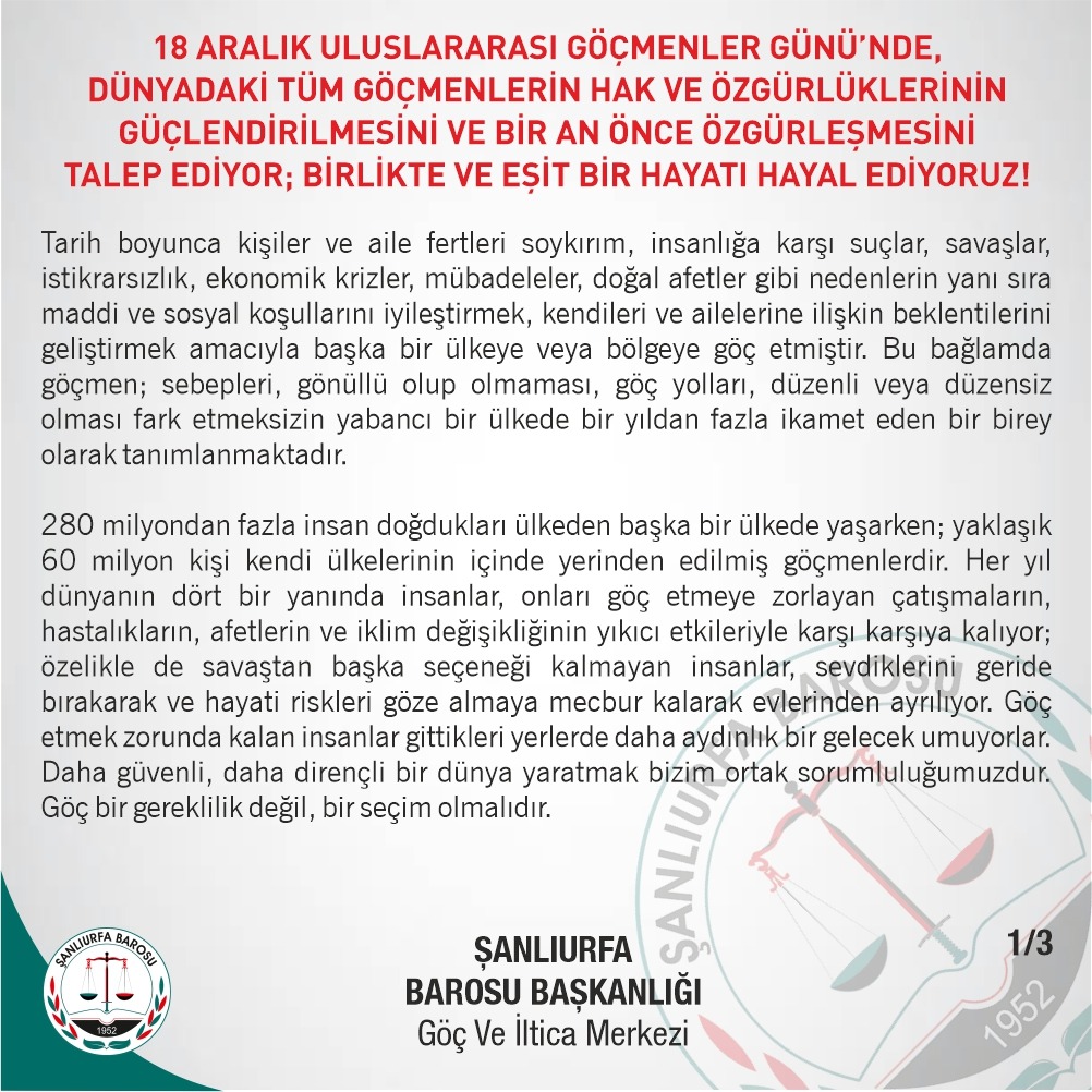 urfabarosugoc's tweet photo. 18 Aralık Uluslararası Göçmenler Günü’nde, dünyadaki tüm göçmenlerin hak ve özgürlüklerinin güçlendirilmesini ve bir an önce özgürleşmesini talep ediyor, birlikte ve eşit bir hayatı hayal ediyoruz.
@UrfaBarosu https://t.co/2LcBGCIA4W