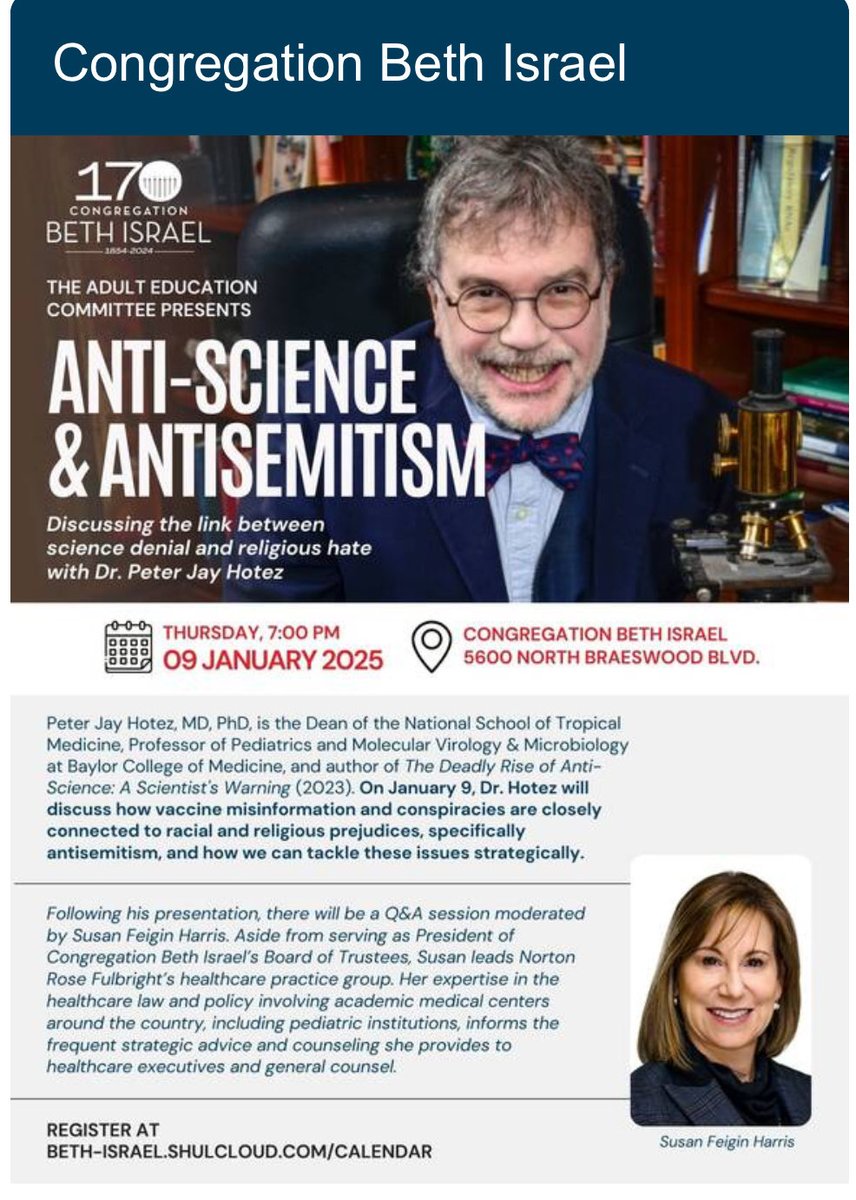 PeterHotez's tweet image. Thurs January 9 @BethIsrael_TX 

beth-israel.shulcloud.com/event/antiscie…