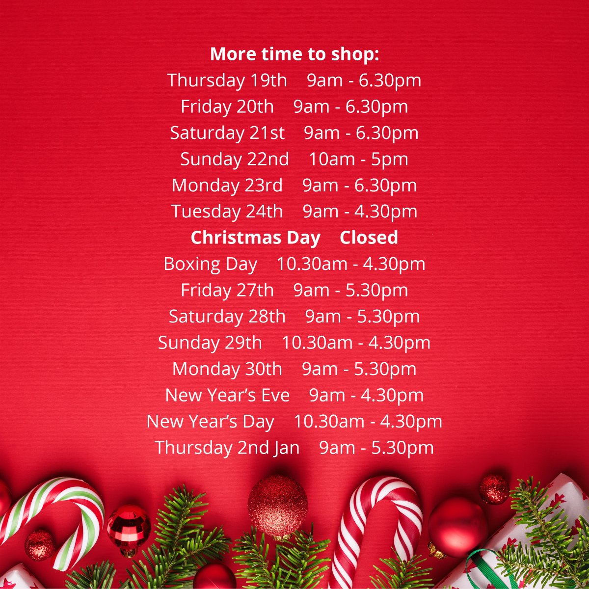 BelfryShopping's tweet photo. Belfry Shopping Centre Christmas Hours 🎄⏰ If you're visiting the Belfry this December make sure to be aware of our slightly shifted open hours 🎁

#BelfryRedhill #Redhill #OpenHours #ChristmasShopping https://t.co/1ktqWpZff9