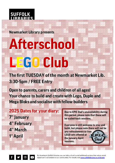 NewmarketLib's tweet image. Just a reminder to all our @LEGO_Group #BrickBuilders who attend our popular monthly Afterschool #LEGOClub that @NewmarketLib will be hosting it solo from January-April 2025 as #EPICDad is on hiatus. The sessions will be scaled back, but everyone is still welcome to attend. :-)