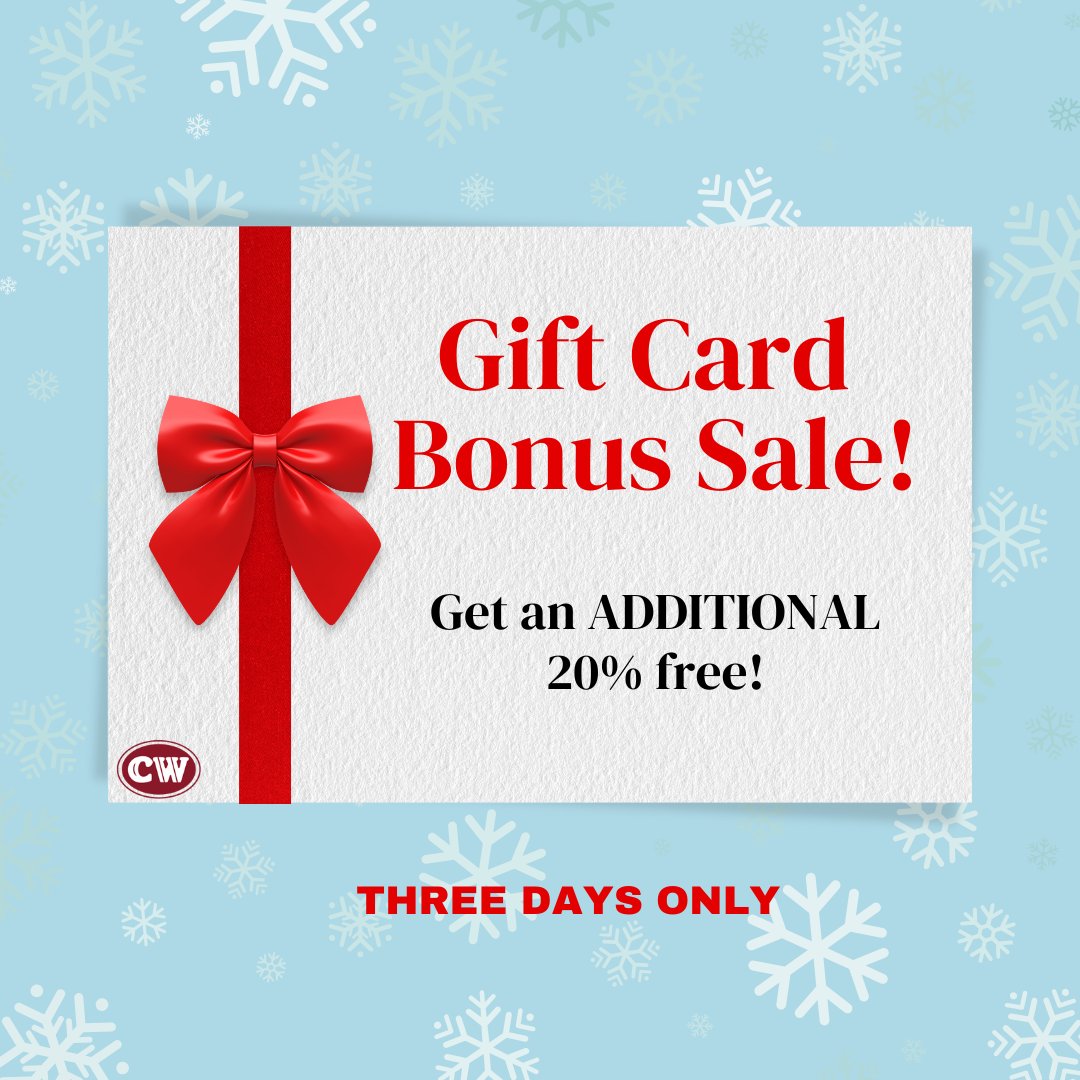 Just in time for the holidays! For THREE DAYS ONLY our most popular promotion is back —the gift of FREE money! We are giving you an additional 20% FREE on all gift card purchase. 🎁

Hhurry, this gift card bonus sale runs from now until Friday (12/20), at 11:59pm EST.