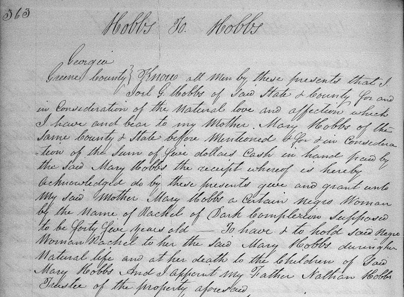 DeniseMurphy13's tweet photo. This post is part of an ongoing project to record names of enslaved people of Greene County, Georgia I find in historical records - Joel G. Hobbs gives Rachel to his mother, Mary Hobbs https://t.co/uW4hDfQ6Y1 #familyhistory #genealogy https://t.co/JmSB7lK3PN