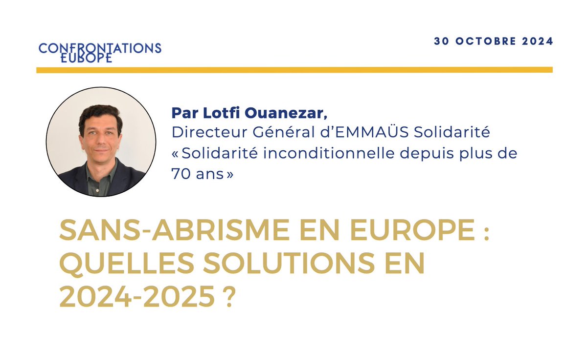 🏠Combattre le sans-abrisme en Europe🇪🇺

🌟<a href="/LOuanezar/">Lotfi Ouanezar</a>, DG d'<a href="/EMMAUSolidarite/">Emmaüs Solidarité</a>, propose des solutions pour les 895 000 sans-abris d'Europe : logements accessibles, prévention ambitieuse, inspiration des modèles scandinaves...

👉Publication à retrouver ici : confrontations.org/sans-abrisme-e…