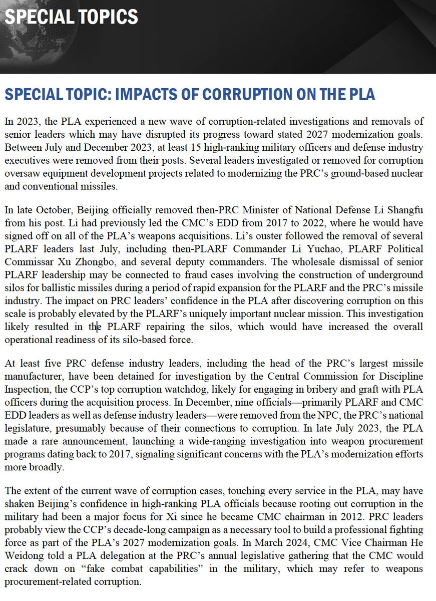 LyleJMorris's tweet image. DoD just released its China military power report. It included, for the first time, a "special topic" on recent corruption in the PLA, with some interesting tidbits. For example:
1) the removals "may have disrupted" PLA progress toward their 2027 military modernization goal;…