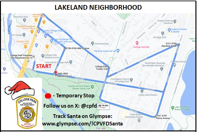 CPFD's tweet photo. 🎅🏻Santa is Coming to College Park 🎅🏻

Tomorrow evening around 6PM, Santa will be escorted around town by the CPVFD starting in Lakeland followed immediately by Old Town/Calvert Hills. Follow us here on X for updates and track us on Glympse at https://t.co/LZ0nta5KLq. https://t.co/R5SJaQDmWm