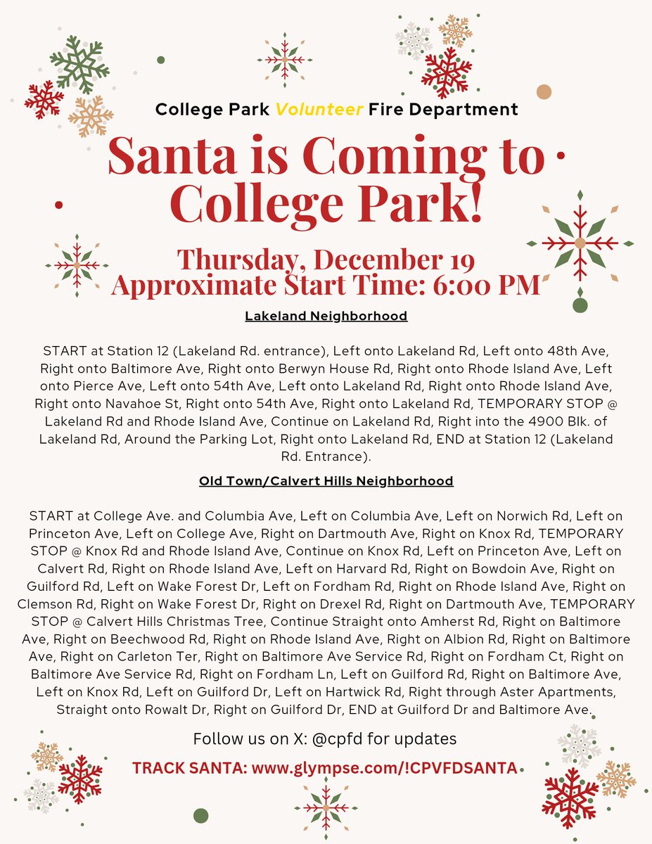 CPFD's tweet photo. 🎅🏻Santa is Coming to College Park 🎅🏻

Tomorrow evening around 6PM, Santa will be escorted around town by the CPVFD starting in Lakeland followed immediately by Old Town/Calvert Hills. Follow us here on X for updates and track us on Glympse at https://t.co/LZ0nta5KLq. https://t.co/R5SJaQDmWm