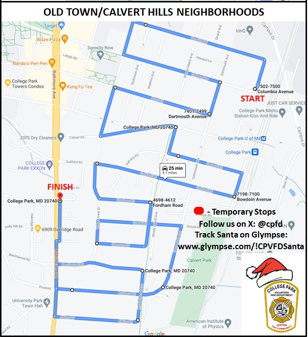 🎅🏻Santa is Coming to College Park 🎅🏻

Tomorrow evening around 6PM, Santa will be escorted around town by the CPVFD starting in Lakeland followed immediately by Old Town/Calvert Hills. Follow us here on X for updates and track us on Glympse at glympse.com/!CPVFDSanta.